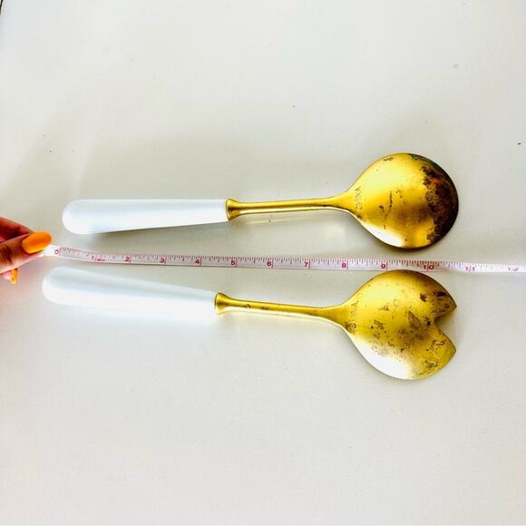 VINTAGE Gold Brass White Enamel Handle Salad Spoon Tosser Serving Utensil Set - Picture 5 of 6
